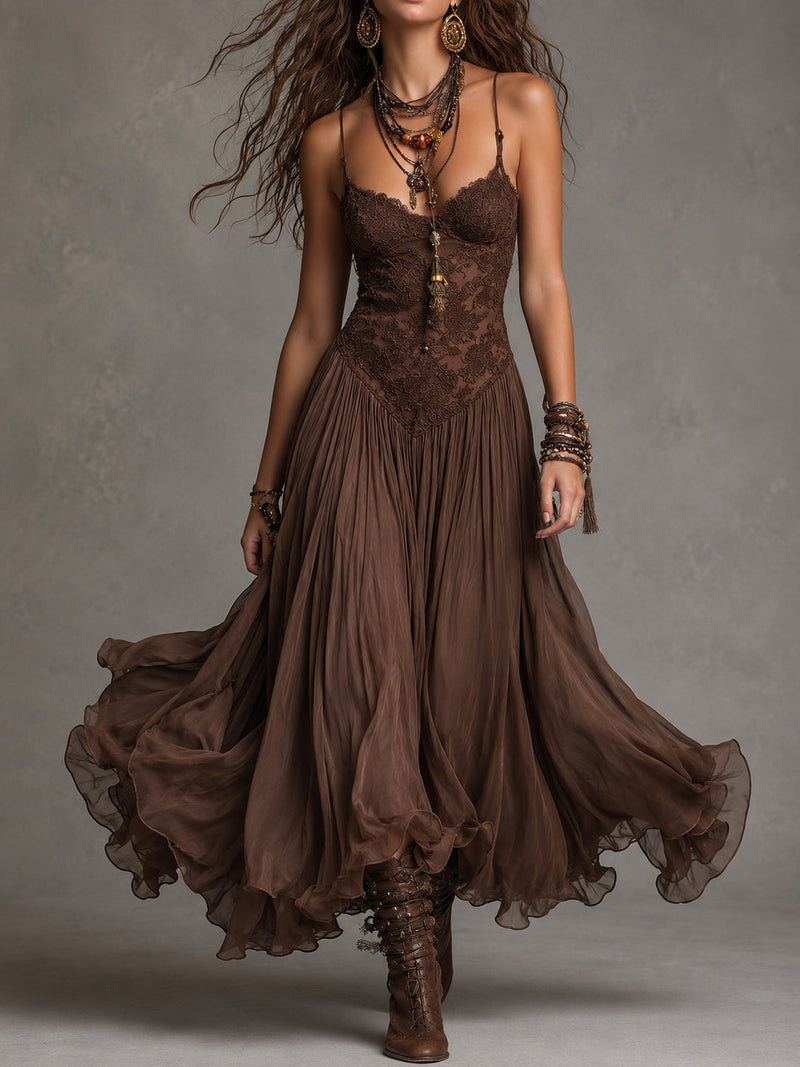 Carmen | Vestido Maxi de Chifón y Encaje Marrón